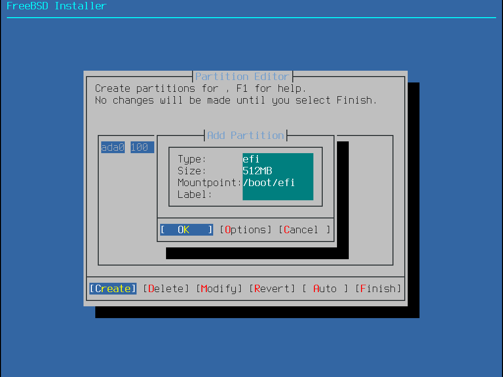 Add Partiton. Type: efi. Size: 512MB. Mountpoint: /boot/efi. Label is left empty.