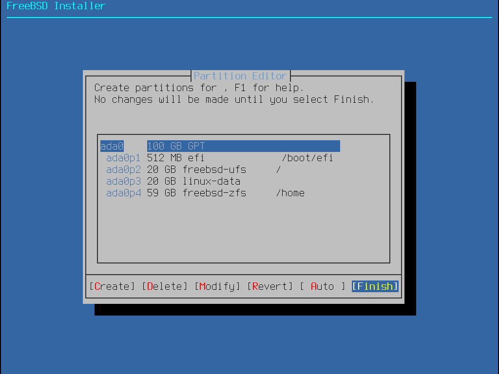 Partition Editor: ada0, 100GB, GPT; ada0p1, 512 MB, efi, /boot/efi; ada0p2, 20 GB, freebsd-ufs, /; ada0p3, 20 GB, linux-data; ada0p4, 59 GB, freebsd-zfs, /home