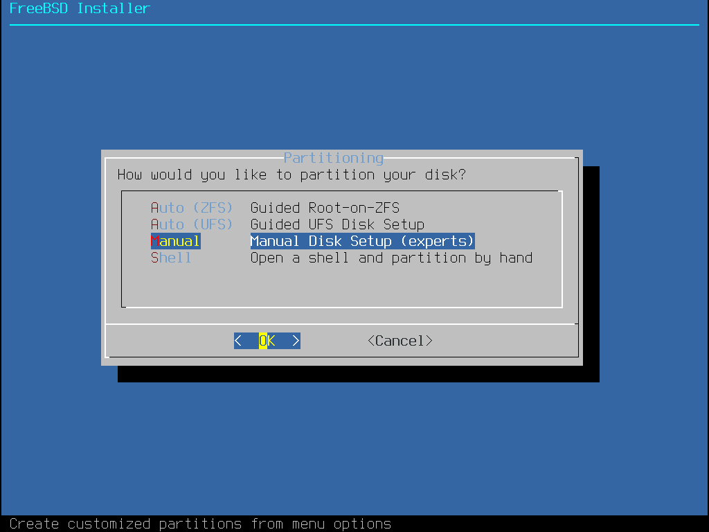 FreeBSD Installer on the Partitioning step with Manual highlighted