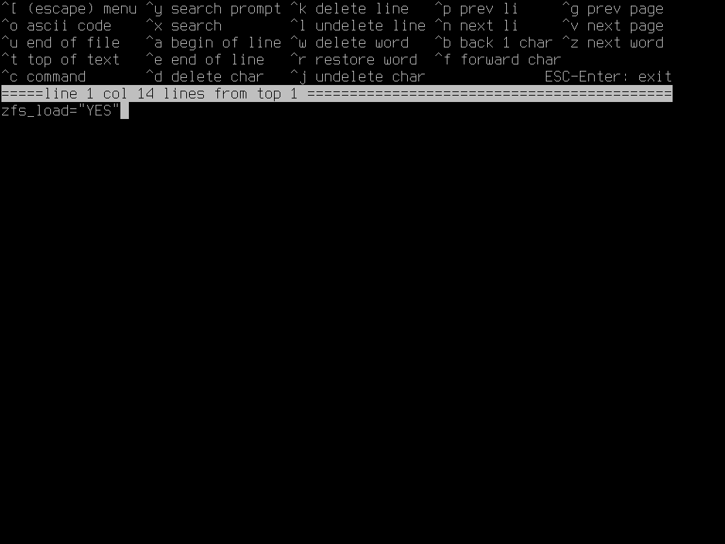 /boot/loader.conf open in ee. The only line contains 'zfs_load="YES"'