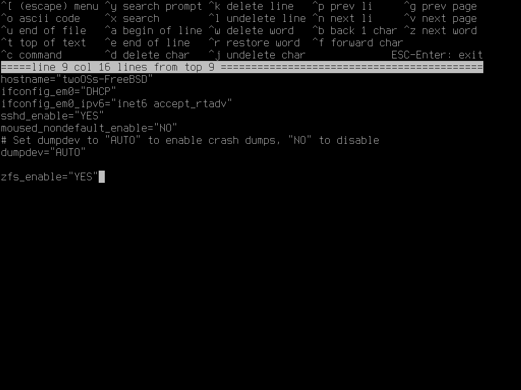 /etc/rc.conf open in ee. Before the cursor is a line 'zfs_enable="YES"'