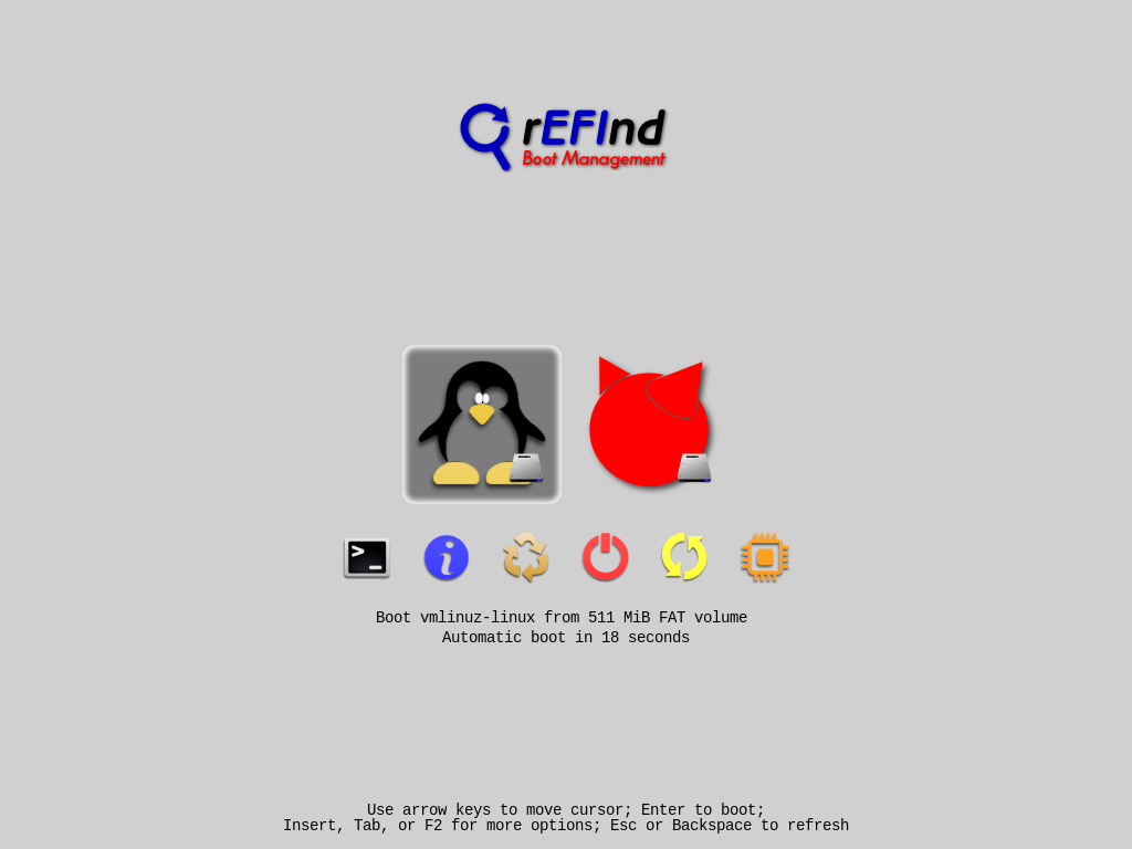 rEFInd graphical boot manager displaying Linux and FreeBSD as boot options